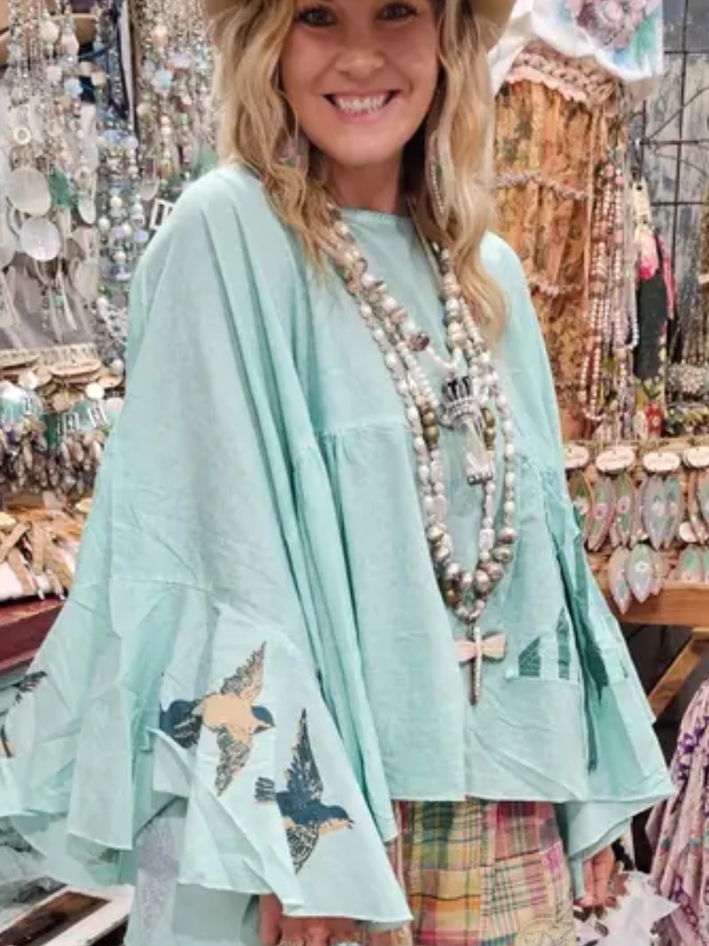 A Rare Bird Fly To The Stsrs Mint Flutter-Sleeve Boho Bird Print Cotton Blouse